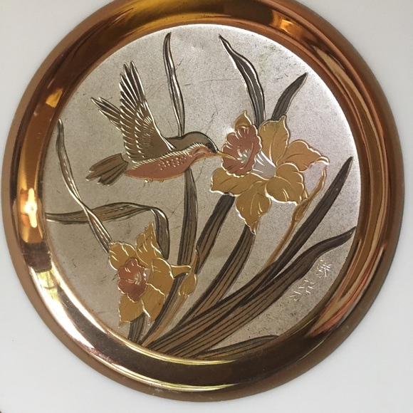 Vintage Chokin Etched copper Gilded Hummingbird Dish 6” - Picture 13 of 15